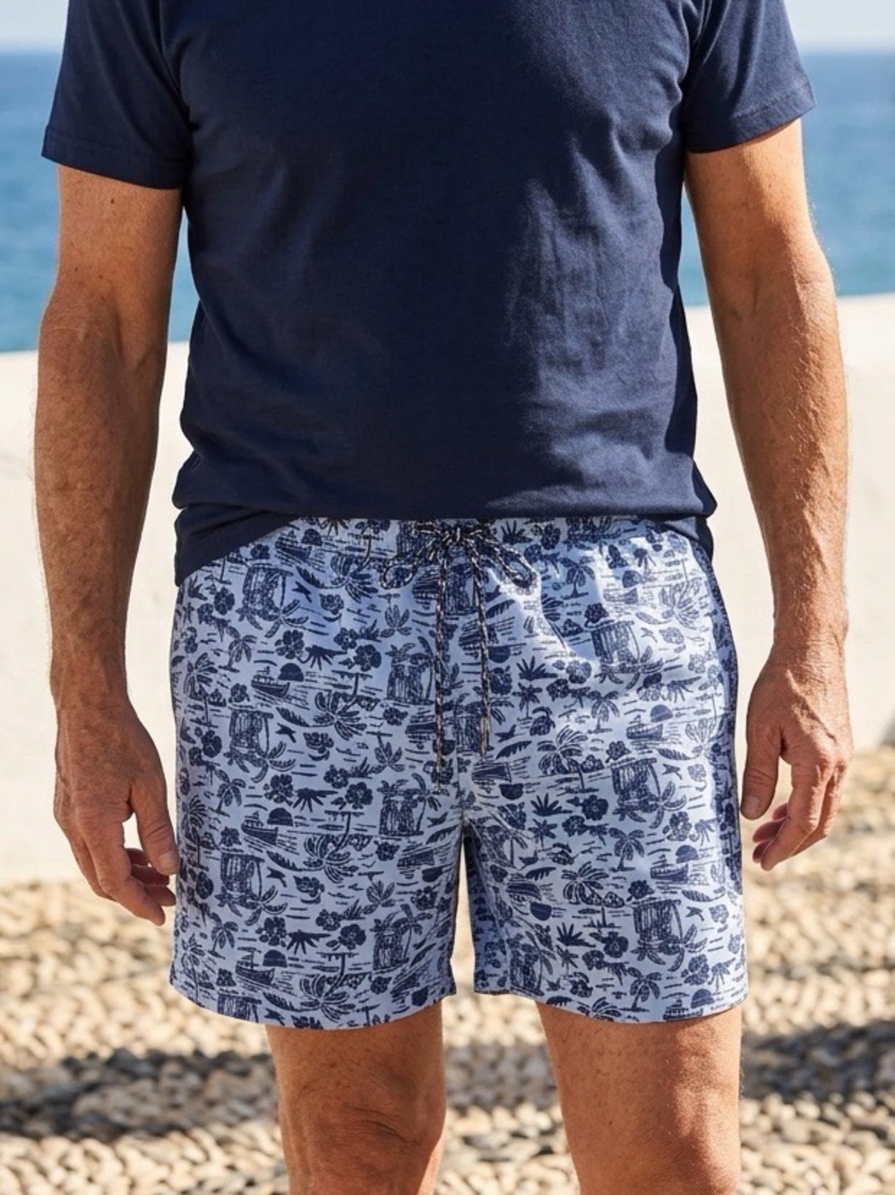 Lands' End Navy and White Tropical Print Swim Trunks